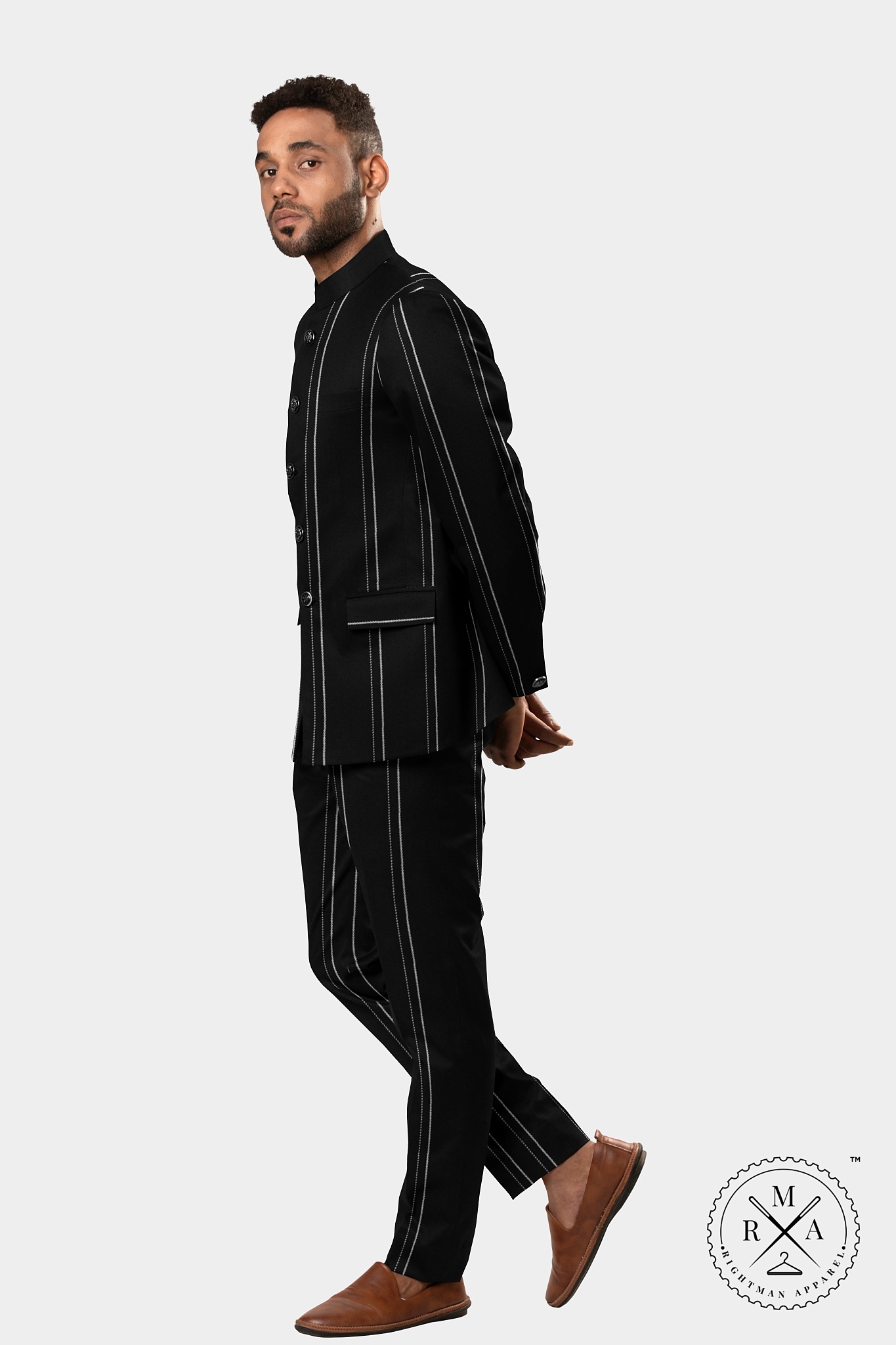 Solid Black Jodhpuri Suit With White Pinstripes SU61